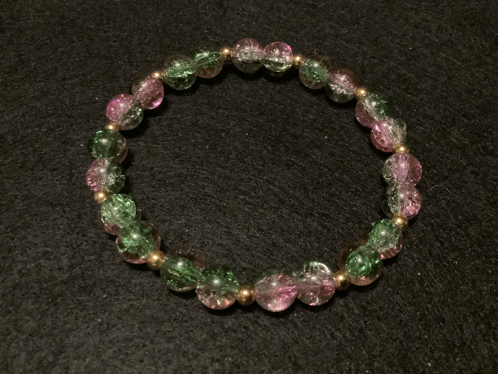 Pink and Green Bracelet with Glitter and Gold Spacers (7.5)