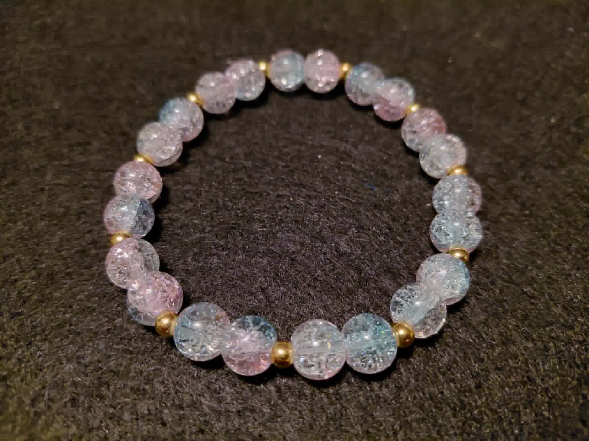 Light Pink and Blue Bracelet with Glitter and Gold Spacers (7.5)