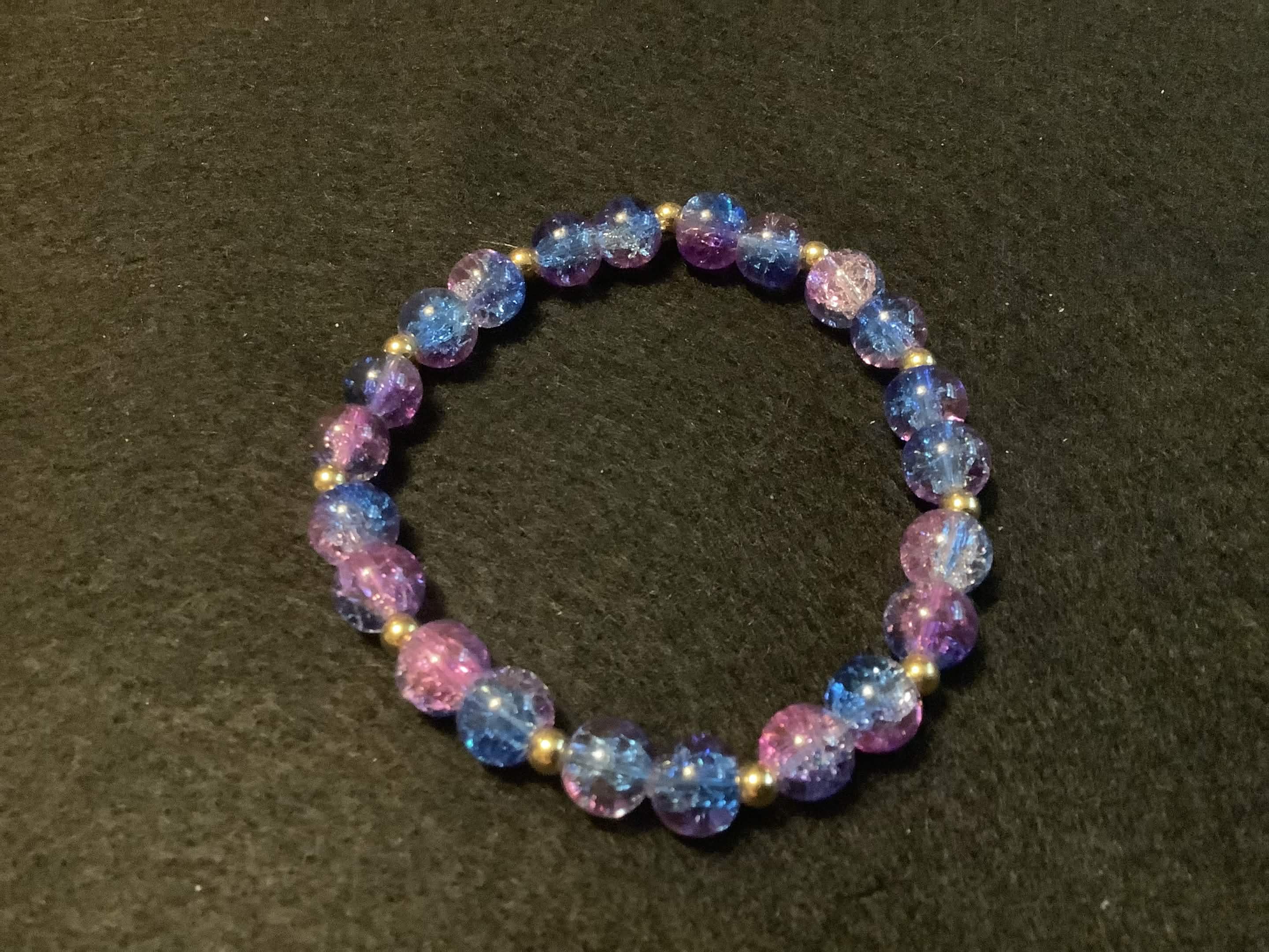 Purple and Blue Bracelet with Glitter and Gold Spacers (7.5)